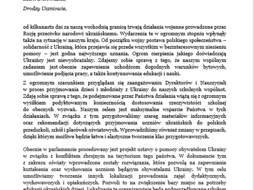 List Ministra Edukacji i Nauki dotyczący sytuacji w Ukrainie